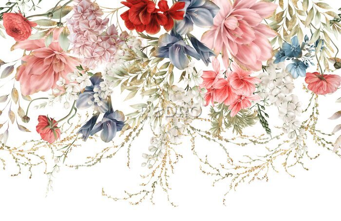 Poster Eine Blumengirlande aus Blumen, die im Sommer blühen