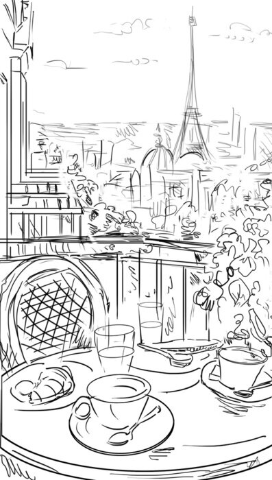 Poster Eine cartoonhafte Ansicht von Paris und dem Eiffelturm vom Balkon aus