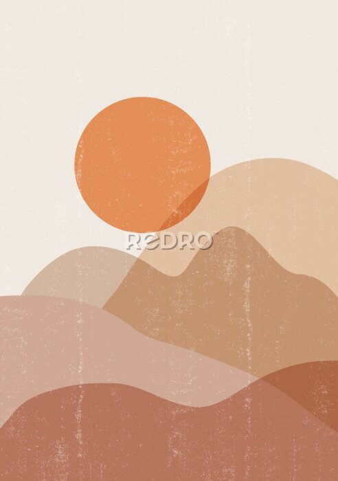 Poster Eine Grafik eines Sonnenuntergangs in den Bergen im minimalistischen Stil