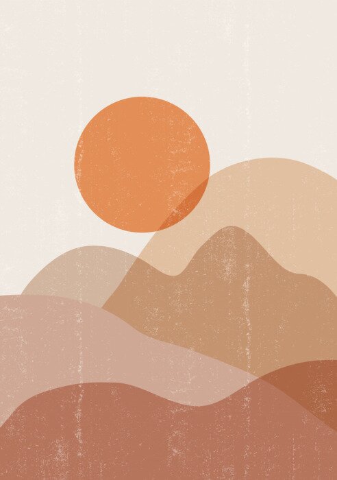 Poster Eine Grafik eines Sonnenuntergangs in den Bergen im minimalistischen Stil