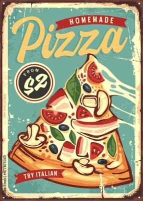 Poster Eine Grafik mit einer Pizza und einem Schild im Stil eines Retro-Posters