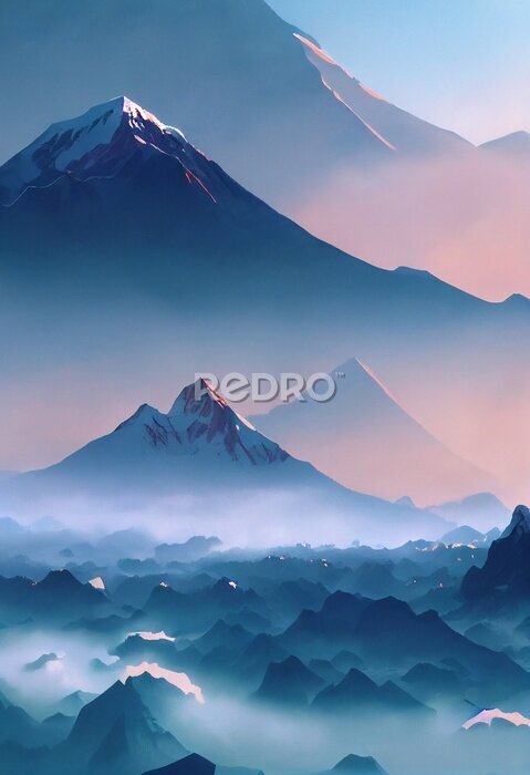 Poster Eine Illustration mit Blick auf die majestätischen Berge