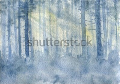 Poster Eine in Aquarell gemalte Waldlandschaft, durch deren Bäume Sonnenstrahlen scheinen.