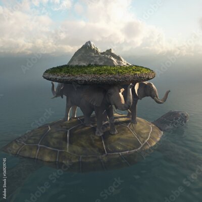 Poster Eine Insel, die von Elefanten und einer Schildkröte getragen wird