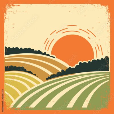 Poster Eine ländliche Landschaft mit Feldern im Retro-Stil