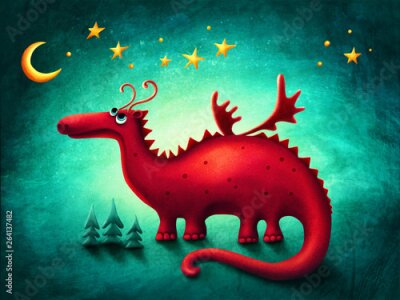 Poster Eine märchenhafte Illustration mit einem roten Drachen