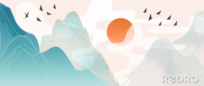 Poster Eine minimalistische Landschaft mit Bergen in Pastellfarben