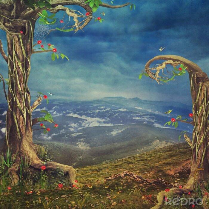 Poster Eine schöne Waldszene mit Bäumen und Gras in den Bergen