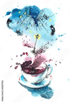 Poster Eine Tasse Kaffee mit Blick auf die Stadt