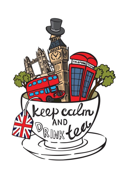 Poster Eine witzige Komposition mit britischen Symbolen und einer Tasse