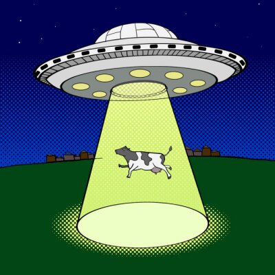 Poster Eine Zeichentrickkuh wird von einem UFO entführt