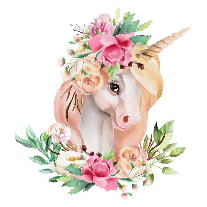 Poster Einhorn mit blonder Mähne und Blumen Aquarell