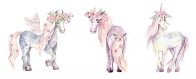 Poster Einhornpferd und Pegasus mit Blumen verziert