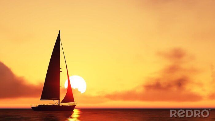 Poster Einsames Segelboot und Sonnenuntergang