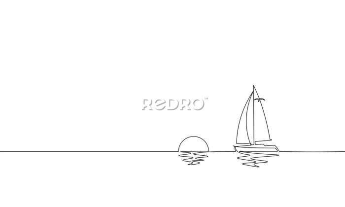 Poster Einzelne ununterbrochene Kunst-sonnige Ozeanreise-Ferien der Linie Kunst. Seereise-Sonnenaufgangferien-Tropeninselschiffsjacht-Luxusreise-Sonnenuntergangkonzeptdesignskizzenumrisszeichnungs-Vektorillu