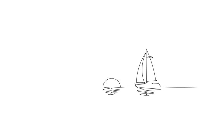 Poster Einzelne ununterbrochene Kunst-sonnige Ozeanreise-Ferien der Linie Kunst. Seereise-Sonnenaufgangferien-Tropeninselschiffsjacht-Luxusreise-Sonnenuntergangkonzeptdesignskizzenumrisszeichnungs-Vektorillu