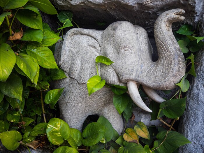 Poster Elefant aus Stein inmitten der Blätter