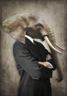 Elefant in einem Anzug. Mann mit dem Kopf eines Elefanten. Konzept Grafik im Vintage-Stil.