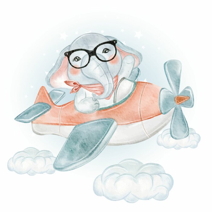 Poster Elefant mit Brille fliegt mit einem Flugzeug