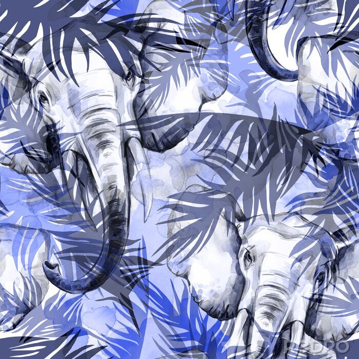 Poster Elefanten und tropische Blätter