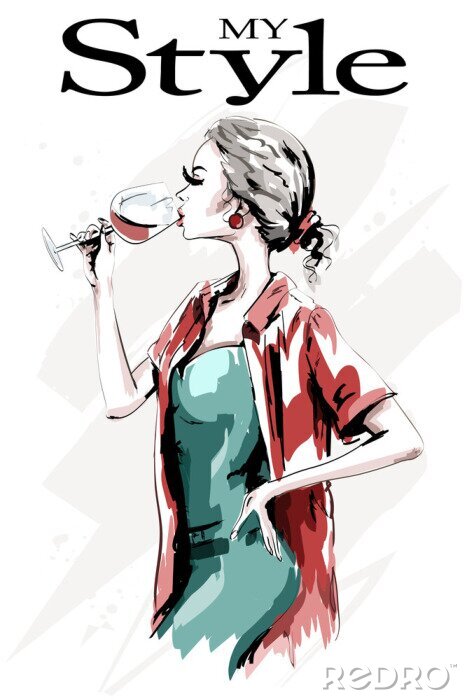Poster Elegante Frau trinkt Rotwein