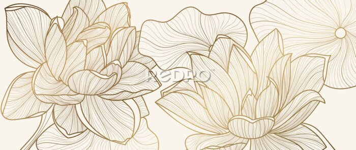 Poster Elegante goldene Blumen auf beigem Hintergrund