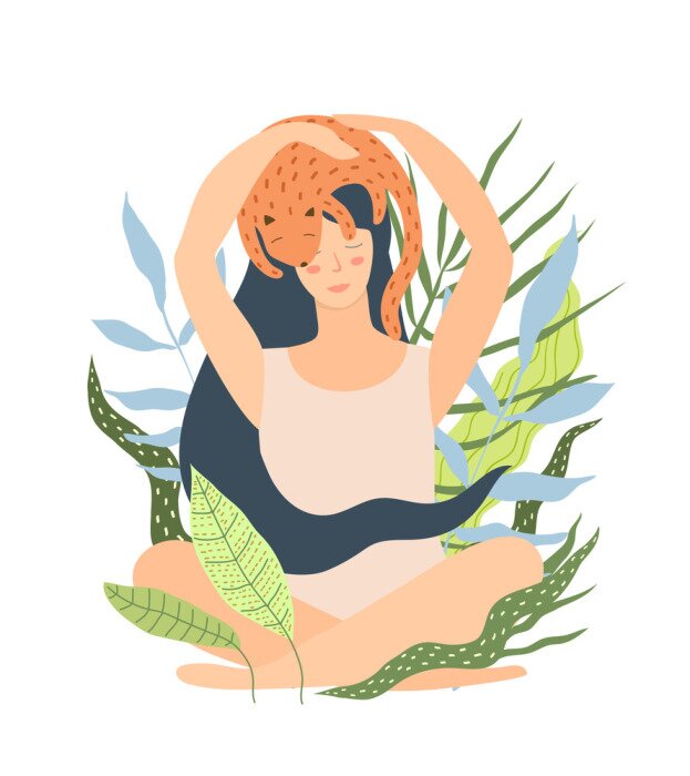 Poster Entspannte Frau mit Katze auf dem Kopf