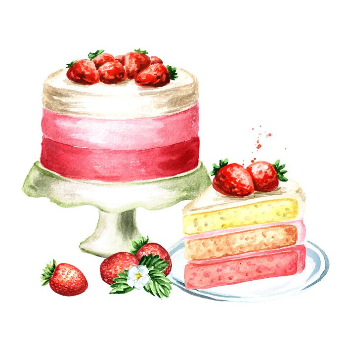 Poster Erdbeerkuchen Geburtstag oder Hochzeit Komposition.  Gezeichnete Illustration der Aquarellhand, lokalisiert auf weißem Hintergrund