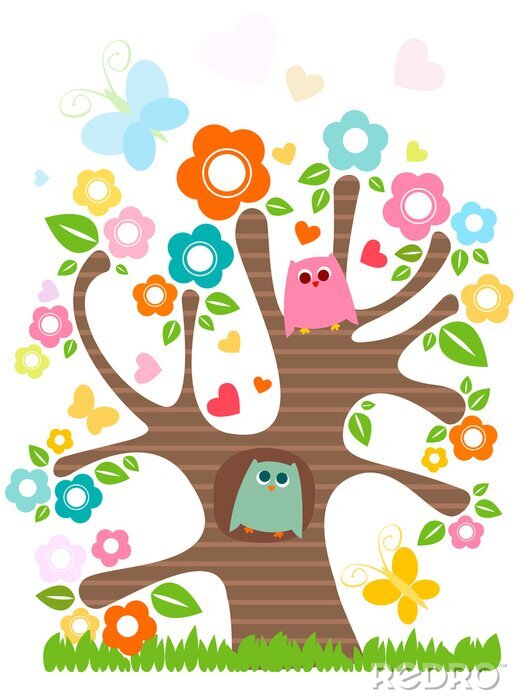 Poster Eulen auf buntem Baum