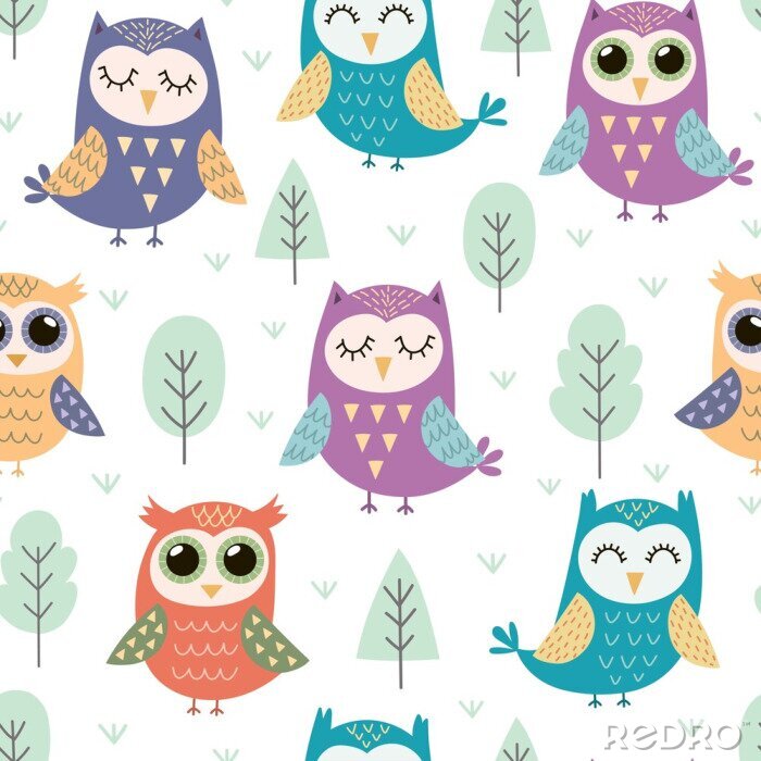 Poster Eulen für Kinder mit Bäumen und Pflanzen