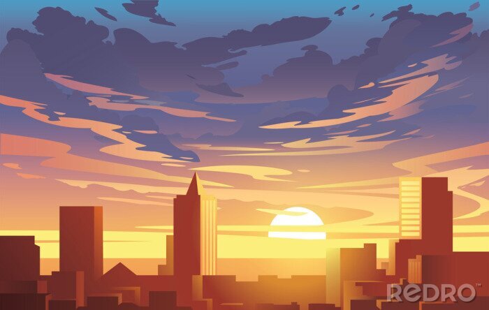 Poster Evening city panorama, vector, sunset. Flat anime style