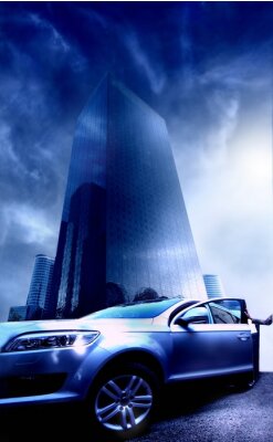 Poster Exklusives Auto vor dem Hintergrund eines modernen Wolkenkratzers