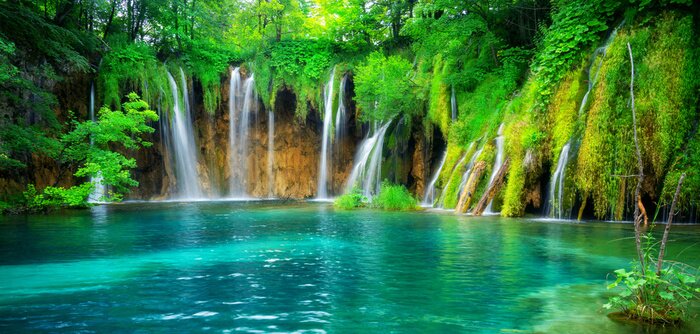 Poster Exotic waterfall and lake landscape of Plitvice Lakes National Park, UNESCO natural world heritage and famous travel destination of Croatia. The lakes are located in central Croatia (Croatia proper).