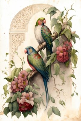 Poster Exotische Papageien, die auf einem Ast sitzen