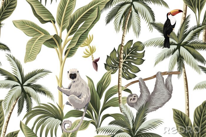 Poster Exotische Tiere sitzen auf Palmen