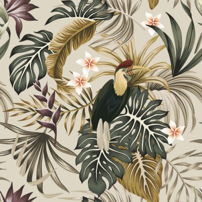Exotischer Vogel inmitten von tropischen Blättern im Vintage-Stil