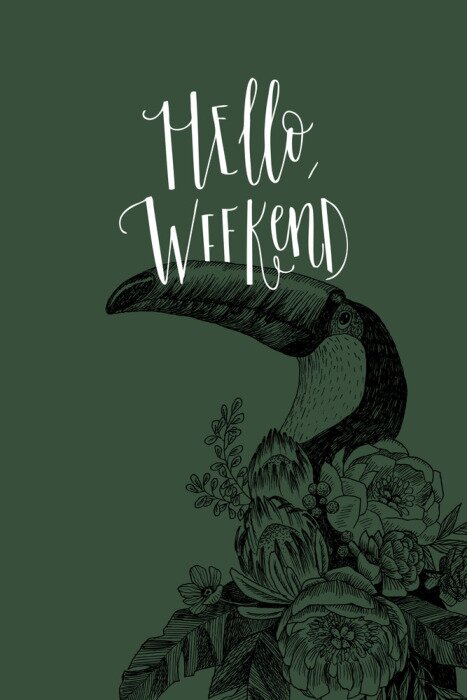 Poster Exotischer Vogel Tukan mit blühenden Blumen und Hallo, Wochenende Inschrift. Einladung, dekoratives Element der Postkarten. Tropisches Konzept. Blumenkonzept. Vektor-Design
