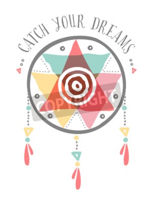 Poster Fang deine Träume Boho Illustration, Stammes-Indianer Traumfänger mit bunten Formen und spirituellen Elementen. EPS10-Vektor.