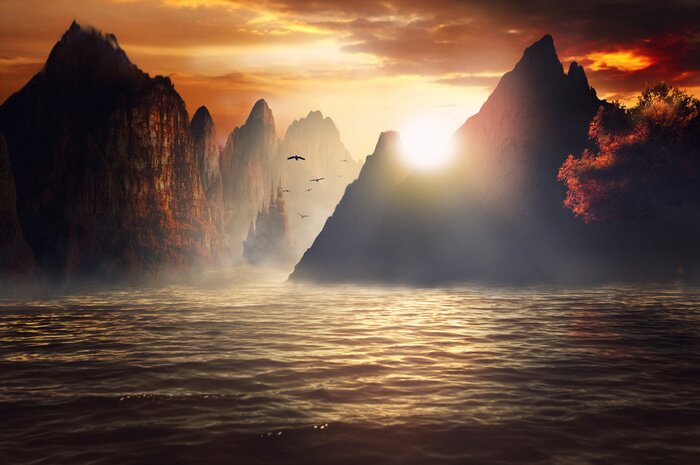 Poster Fantasielandschaft am Wasser