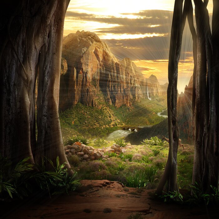 Poster Fantastische Landschaft mit Sonnenschein