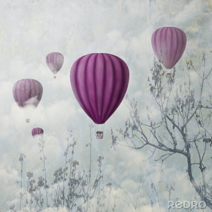 Poster Fantasy-Grafiken mit Luftballons am Himmel