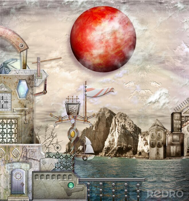 Poster Fantasy-Grafiken mit rotem Sonnenschein