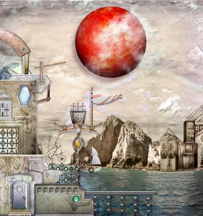 Poster Fantasy-Grafiken mit rotem Sonnenschein