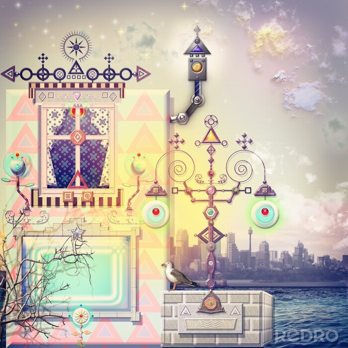 Poster Fantasy-Stadt am Wasser