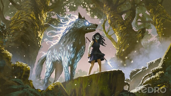 Poster Fantasy Wolf Wald und Mädchen