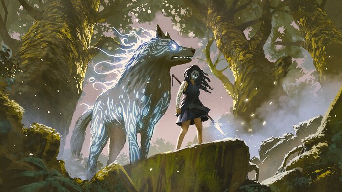 Poster Fantasy Wolf Wald und Mädchen