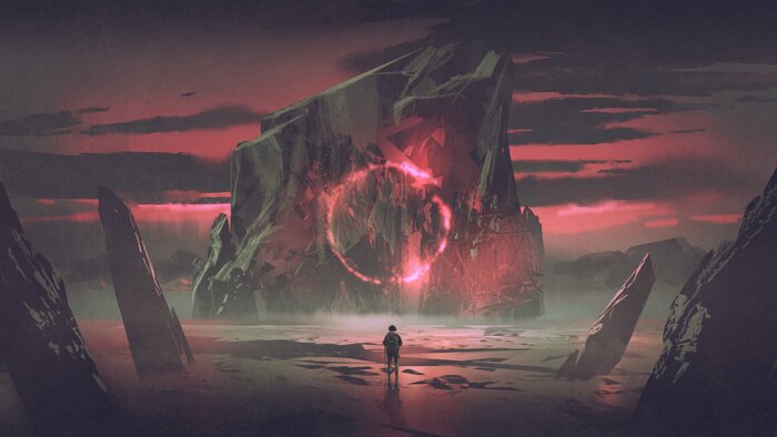 Poster Fantasyfigur vor dem Hintergrund einer Berglandschaft