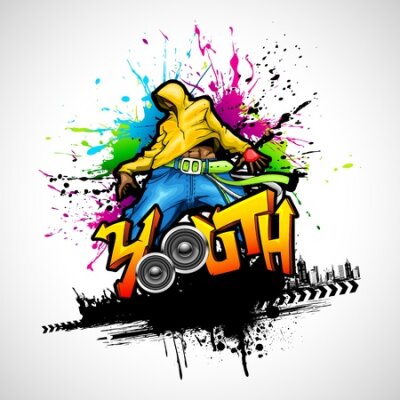 Poster Farbenfrohes Muster mit einem Teenager im Graffiti-Stil