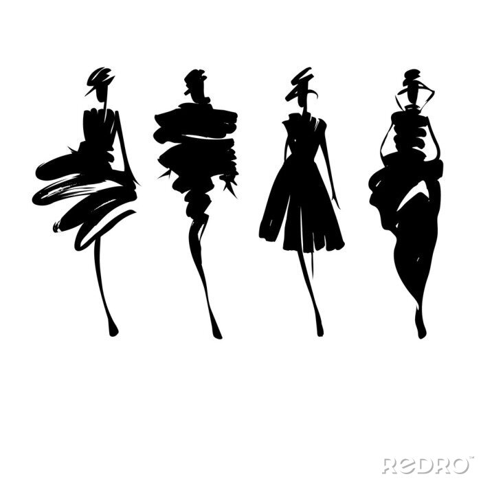 Poster Fashion models sketch hand drawn , stylized silhouettes isolated . Vector fashion illustration set. Fashion logo.