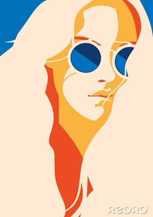 Poster Fashion portrait of a model girl with sunglasses. Retro trendy colors poster or flyer.